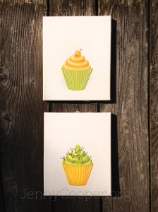 I think the slightly lighter color palette is a little bit more appropriate to the subject matter, but more importantly, it also creates more of a contrast between the cutsie cupcakes and their prickly ornamentation.