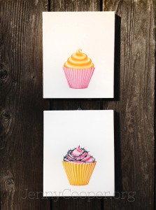 I have since done a series of four 8" x 10" cupcakes on the same theme, with a slightly softer color palette. 